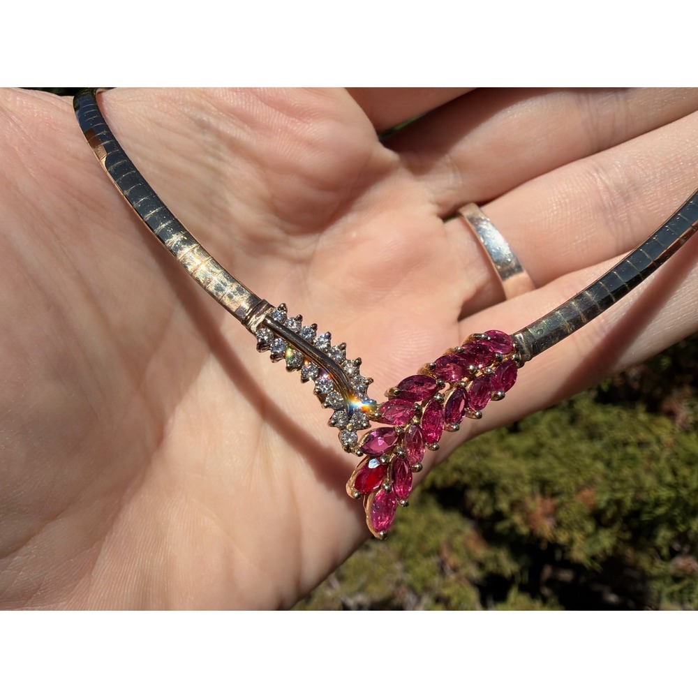 Vintage 14k Solid Gold Omega Natural Marque Ruby & Diamond Necklace Pave Cluster